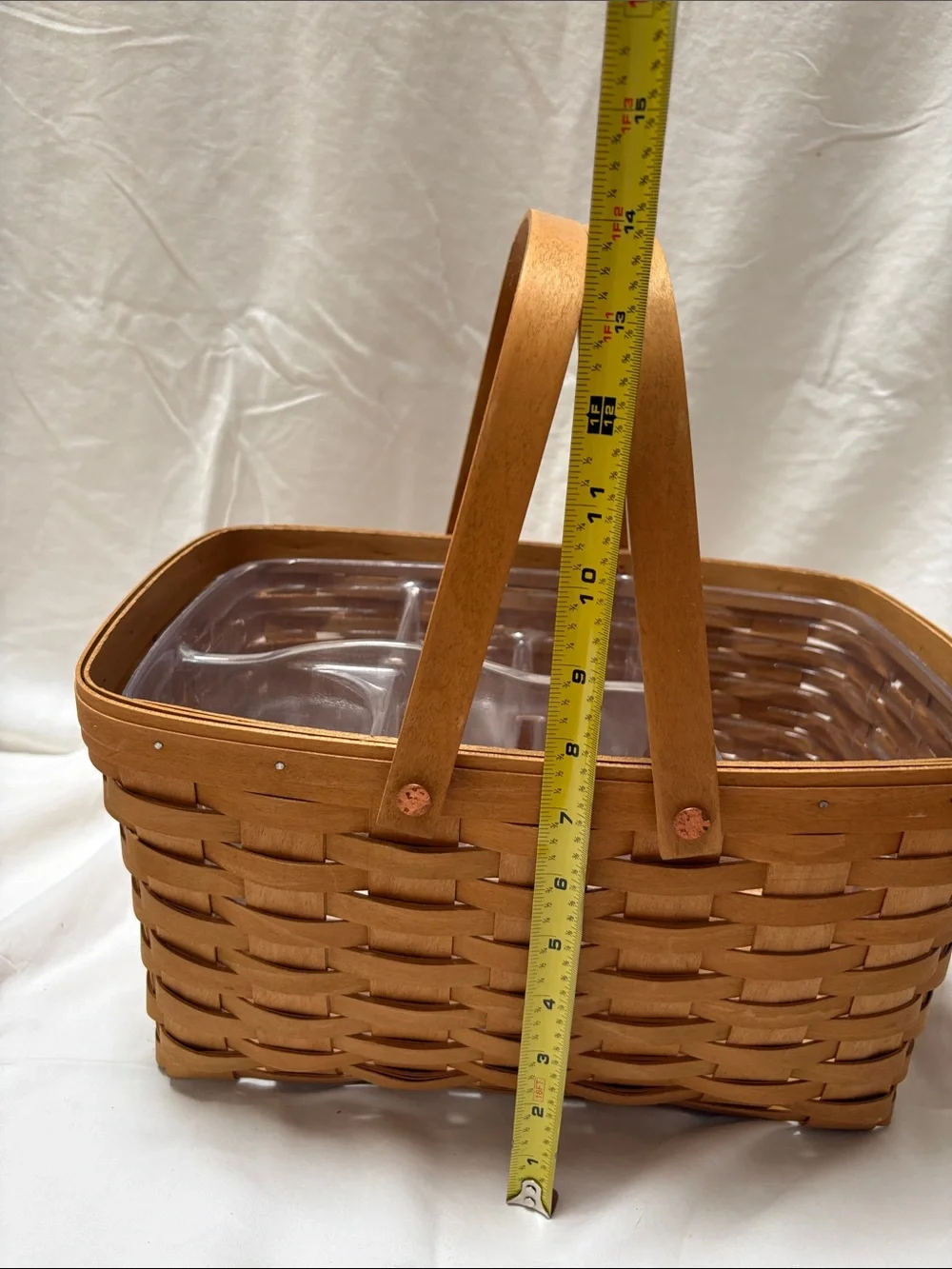 Longaberger wood market basket with hinged handles and plastic inserts